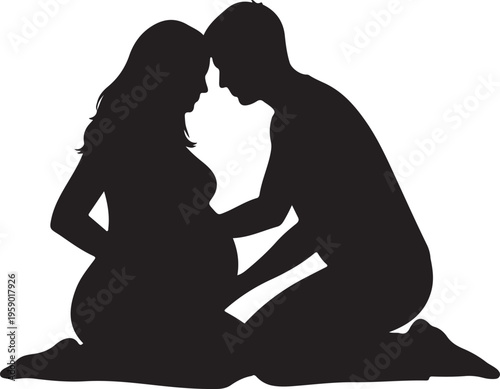 Husband Caring Pregnant Wife Silhouette, Pregnancy Love Support Couple Vector