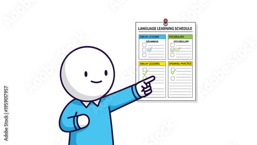 Cartoon character pointing to a language learning schedule showing study progress checklist