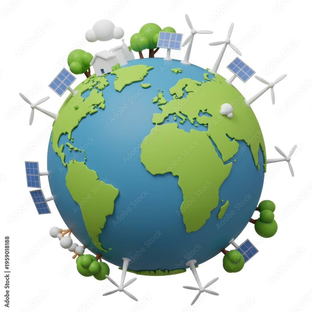 Naklejka premium 3D Render of Earth with Renewable Energy Elements and Green Nature