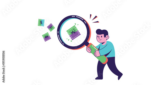 Person with magnifying glass analyzing digital data. Flat illustration for content discovery and information inspection.