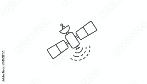 Satellite Icon, Spacecraft with Solar Panels and Antenna, Orbiting Earth, Communication Signal