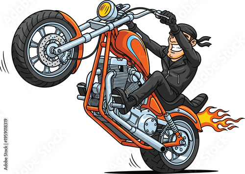 Biker performing wheelie on chopper motorcycle with flames, dynamic stunt rider illustration, extreme sport concept isolated on white background