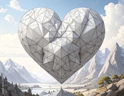 Geometric Heart over Mountain Landscape