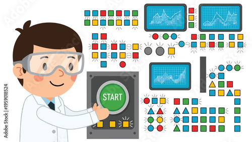 Curious young scientist in lab coat and goggles activating a high-tech control panel with data displays and colorful geometric shapes.