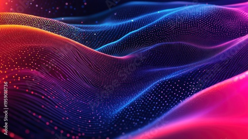 Abstract digital art showcases a vibrant display of flowing lines and glowing dots, creating a dynamic and colorful visual representation of data or energy