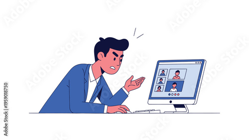 Frustrated Businessman on Video Call. Angry man encountering issues during an online virtual meeting or conference.