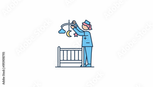 Nurse Decorating Baby Crib with Mobile, Moon, Star, and Cloud