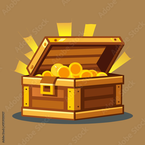Treasure chest overflowing with gold coins and shining rays