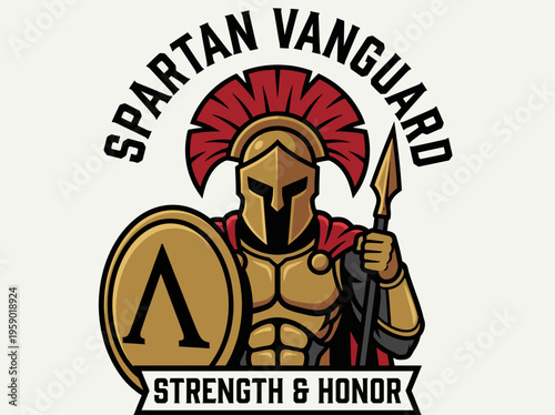 This logo showcases a strong Spartan warrior with a shield and helmet, symbolizing strength and honor for the Spartan Vanguard brand, appealing for fitness and warrior-themed endeavors.