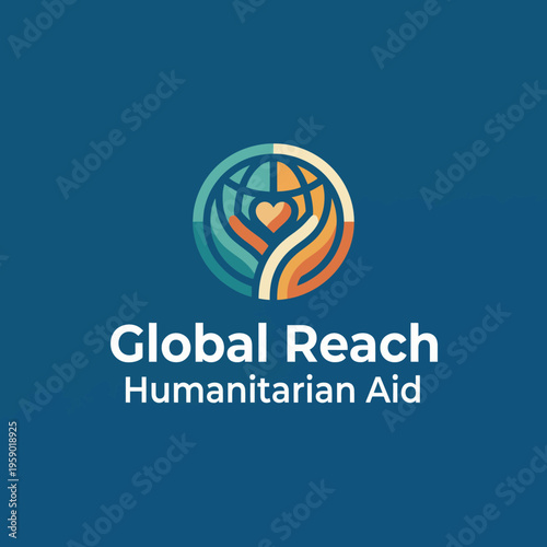 A logo representing Global Reach Humanitarian Aid, featuring a globe encompassed by hands, symbolizing compassion and a unified effort in support of global humanitarian efforts.