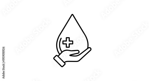 Blood Drop Icon with Plus Sign on Hand, Blood Donation Symbol, Healthcare and Medical Concept