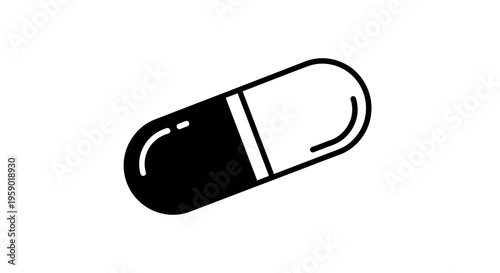 Black and white capsule pill icon, isolated on white background, medical symbol