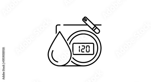 Blood Glucose Meter Icon: Diabetes Monitoring, Blood Drop, Lancet, Digital Display