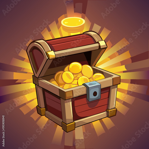 Vibrant treasure chest overflowing with shiny gold coins and jewels