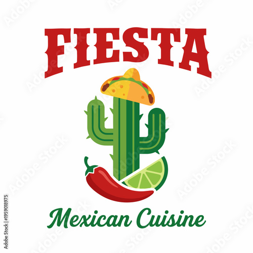 This lively logo captures the essence of Mexican cuisine with vibrant colors and iconic illustrations of a cactus, chili, and a festive sombrero, radiating joy and flavor.