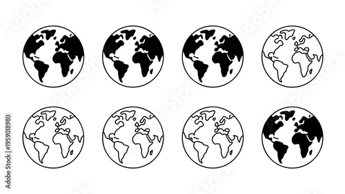 Minimal World Icon Set Globe Earth Outline Vector Illustration