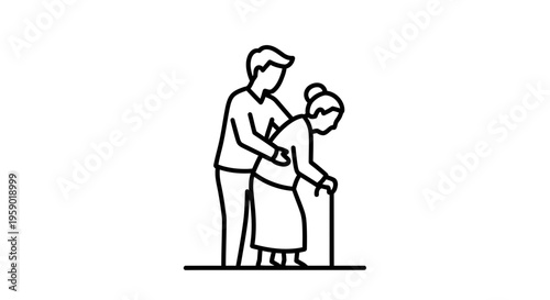 Caregiver assisting elderly woman with cane, support and help concept, line art icon