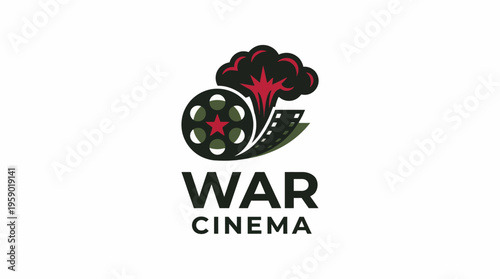 Logo representing War Cinema with elements like a film reel and a dramatic explosion, capturing the essence of action, excitement, and storytelling in films.