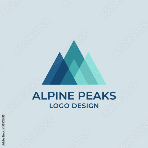 Logo design featuring layered mountain peaks in shades of blue and green, representing creativity, nature, and adventure for Alpine Peaks design studio.