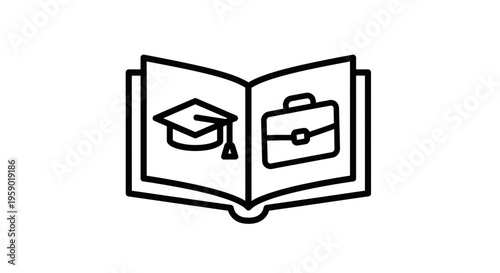 Open Book with Graduation Cap and Briefcase Icons: Education to Career Path Concept