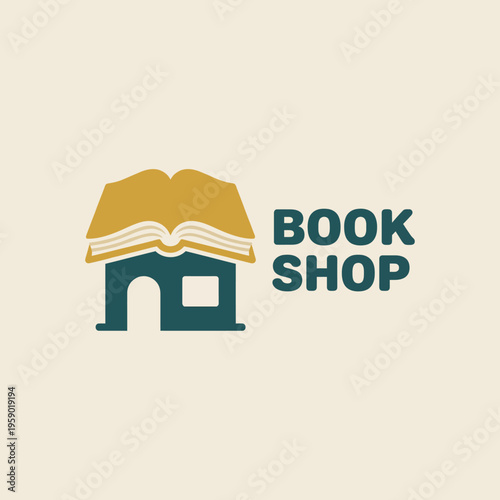 Main elements in this logo include a house with an open book on top, symbolizing warmth, knowledge, and a welcoming space for book lovers at the Book Shop.