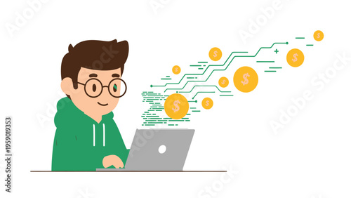 Earning money online with laptop. Digital finance and remote work concept.