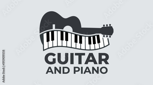 A creative logo design merging a guitar and piano keys, representing the harmony of music that brings people together through artistic expression and musical collaboration.