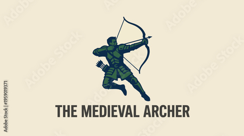 A dynamic illustration of a medieval archer in motion, showcasing craftsmanship and archery skills with a bow and arrow, symbolizing strength and historical battle.