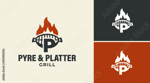 An eye-catching logo concept featuring a stylized grill with flames, embodying a vibrant culinary atmosphere perfect for a grill-themed restaurant or food business.