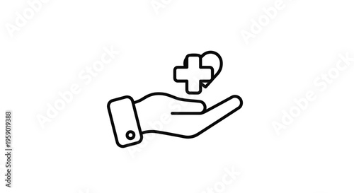 Hand Holding Medical Cross and Heart Icon: Health Care, Support, and Charity Concept