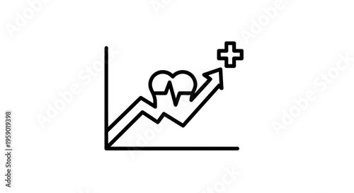Health Care Growth Chart: Heartbeat Line Graph with Upward Arrow and Plus Sign