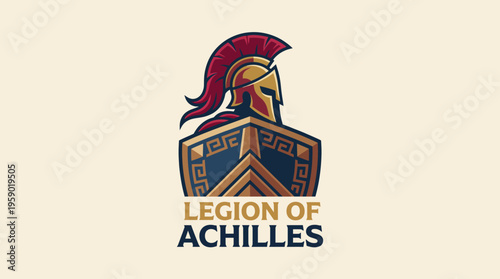 This striking logo depicts a fierce warrior helmet, embodying strength and honor associated with the Legion of Achilles, perfect for brands or events related to combat or history.