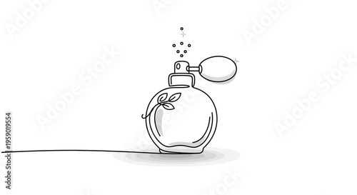 Minimalist Perfume Bottle Line Art with Bubbles and Leaves, Elegant Fragrance Concept