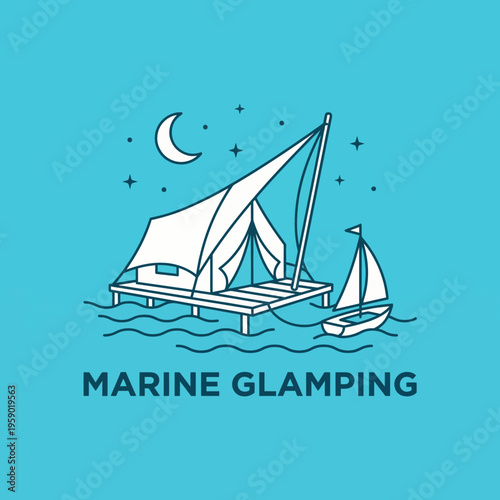 A simplistic yet charming logo featuring a tent on a dock with a boat nearby, capturing the essence of adventure and luxury in marine glamping experiences.