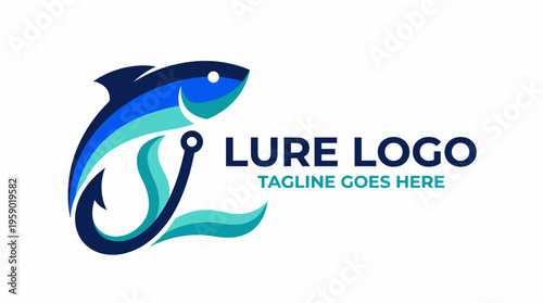A modern logo design featuring a stylized fish intertwined with wave elements and a fishing hook, symbolizing water sports and fishing activities in an artistic manner.