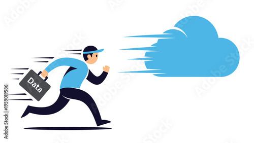 Fast data transfer to cloud computing. Man running with 'Data' briefcase towards a cloud icon, symbolizing quick migration and storage.