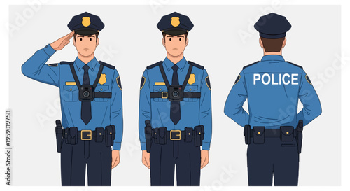 Three views of a police officer in a blue uniform wearing a body camera on a chest harness against a plain white background.