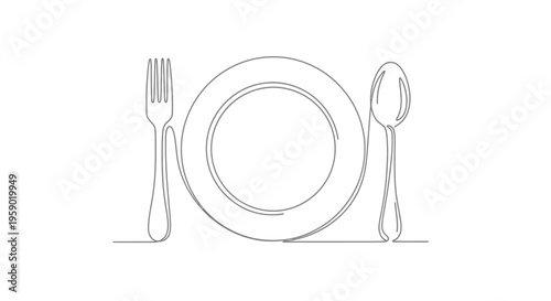 Minimalist single line drawing of a plate, fork, and spoon, representing dining and food.