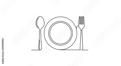 Minimalist Single Line Drawing of Plate, Fork, and Spoon - Dining Setup