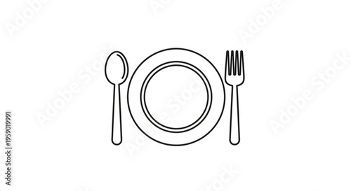Minimalist Line Art Icon: Plate with Fork and Spoon for Dining and Food Service