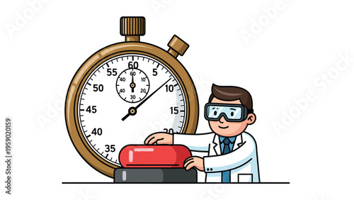 Scientist timing experiment, pressing red button with large stopwatch