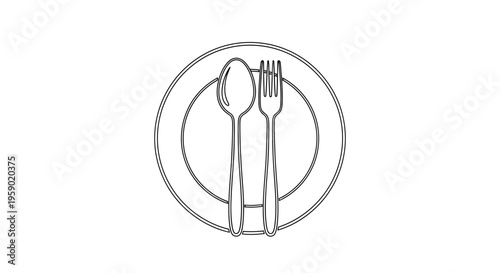 Minimalist Line Art: Plate with Fork and Spoon, Simple Dining Icon