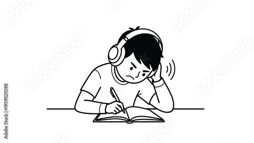Frustrated student wearing headphones, annoyed by loud noise while trying to study. Distraction concept.