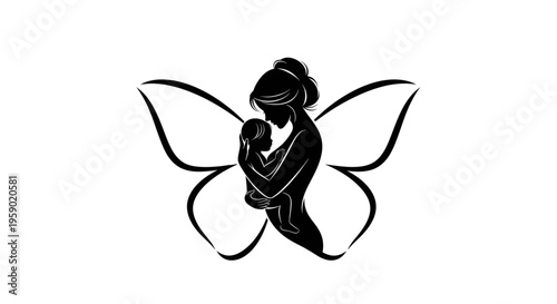 Mother holding newborn baby silhouette with butterfly wings abstract concept of care and growth