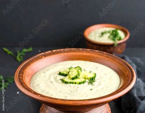 Creamy cucumber soup in terracotta bowls
