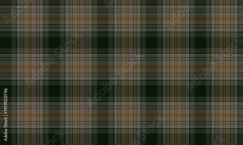 Seamless plaid fabric in green, gray, yellow, and black. Classic design, suitable for textiles, clothing, skirts, pillowcases, and blankets, adding a distinctive and modern touch.