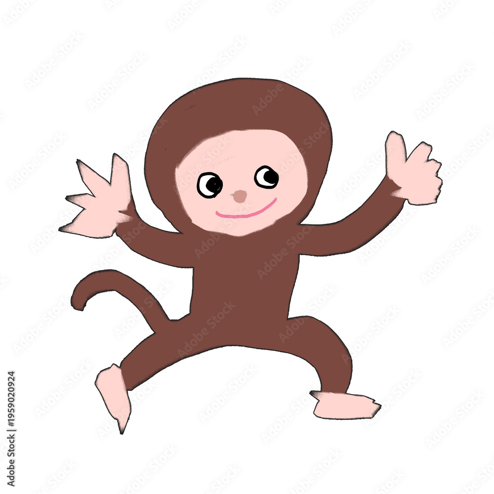 Obraz premium Cute cartoon monkey jumping and waving on black background