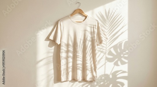White TShirt Hanging On Wooden Hanger With Natural Light