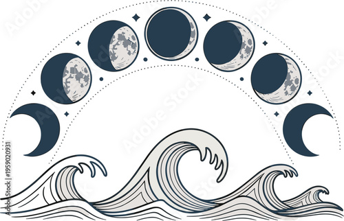 Wave with moon vector on white background.