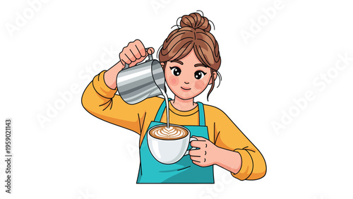 Cartoon Barista Making Latte Art: Woman Pouring Frothed Milk into Coffee Cup for Cafe and Beverage Designs
